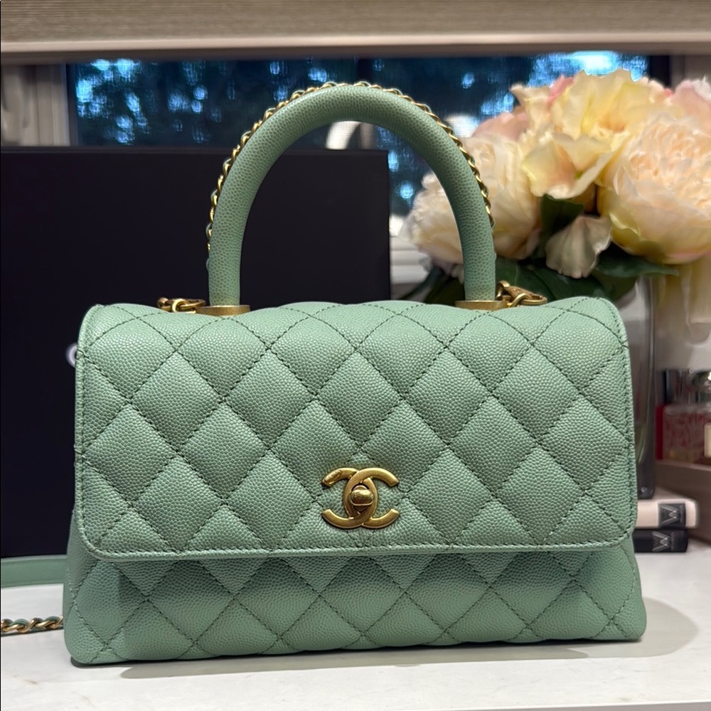 Authentic Chanel Green Coco Handle with Gold Hardware